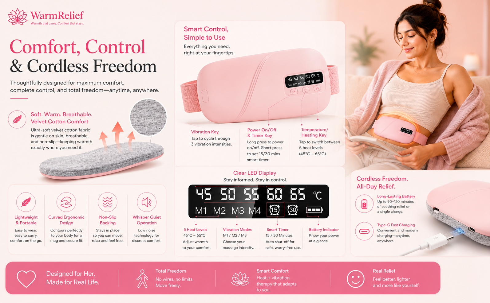 WarmRelief Cordless Heating Pad with 5-Level Heat & 4-Mode Vibration Massage, Period Cramp Relief, Velvet Padding, Smart Timer, Ergonomic and Discreet.